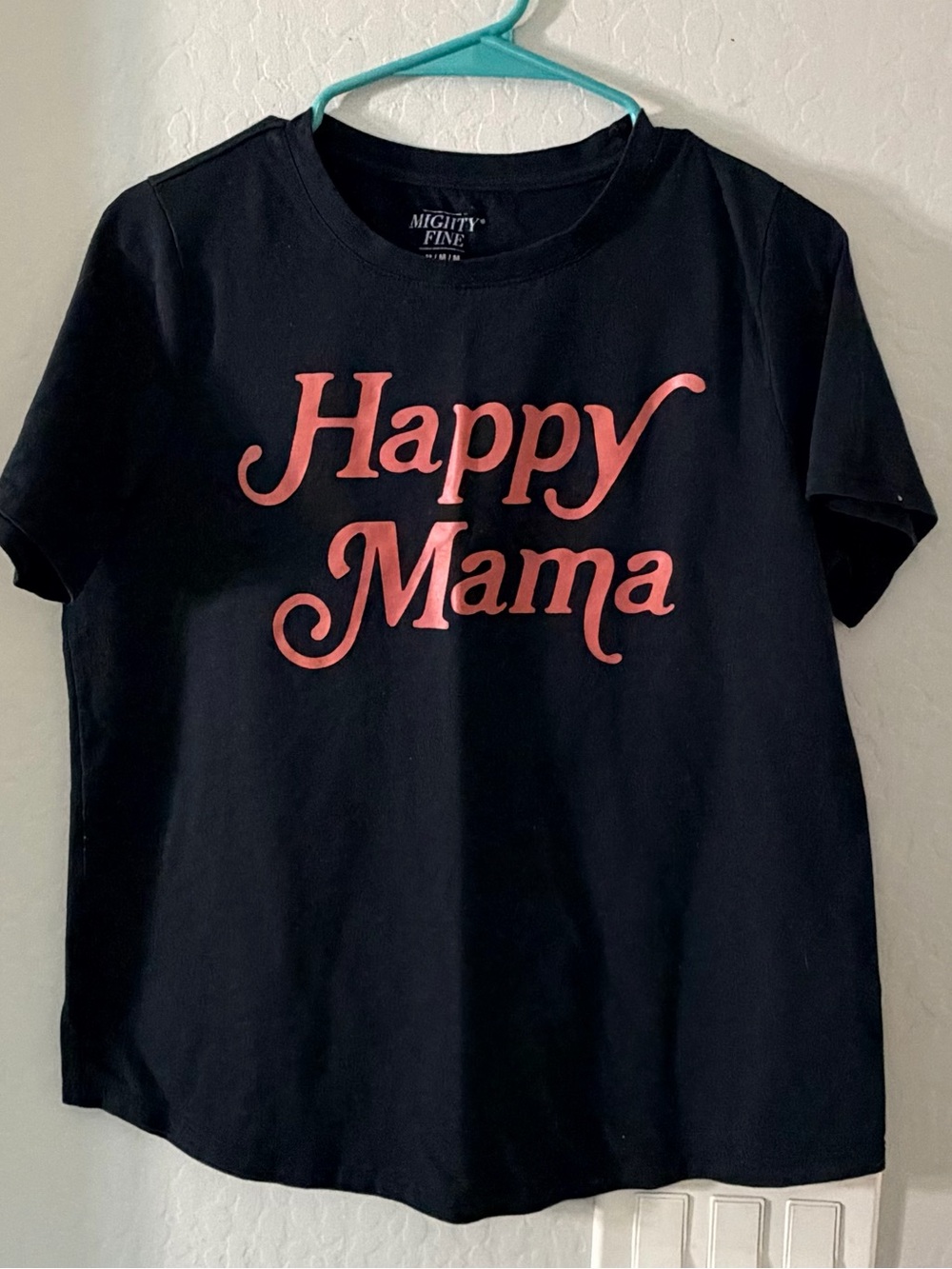 Mighty Fine Black Tee with Coral 'Happy Mama' Script